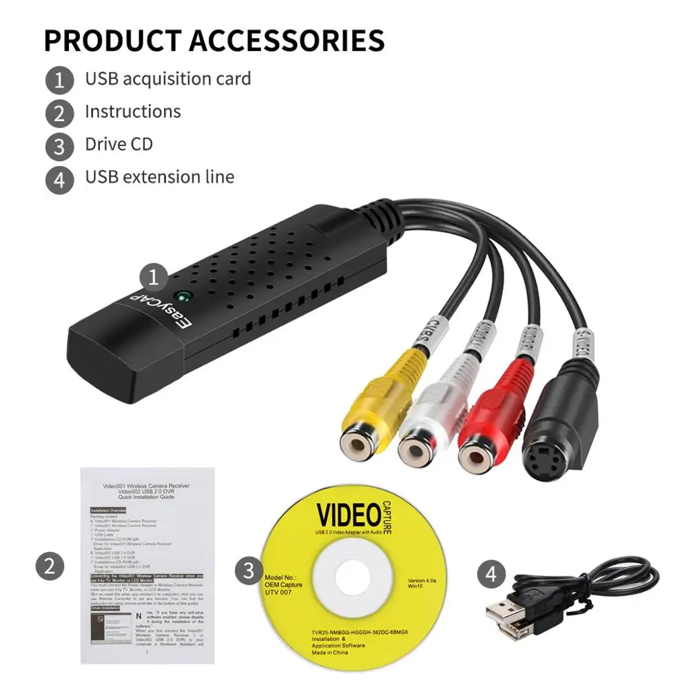 Hot selling! Arrival USB 2.0 Easycap Capture 4 Channel Video TV DVD VHS Audio PC Capture Adapter Card TV Video DVR Converter