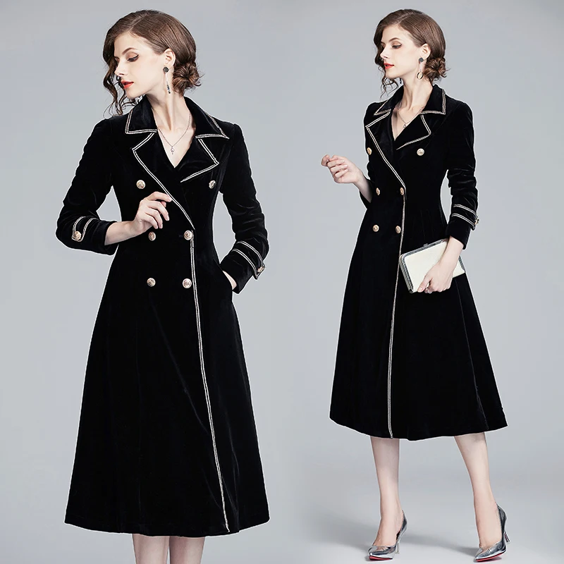 Стиль знаменитостей, двубортное бархатное пальто Casacas Para Mujer Invierno, ветровка, женское длинное черное зимнее пальто 390