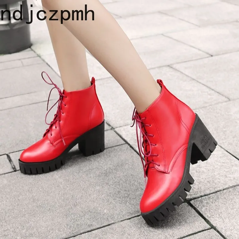 

Martin Boots New Fashion Autumn and Winter Round Head Lace Up Square Heel High Heel Short Tube Women's Shoes Size 35-43 Black