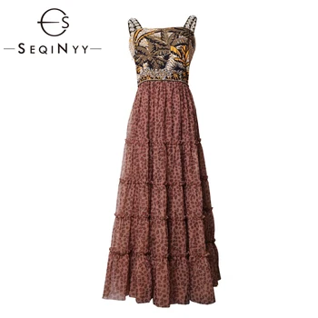 

SEQINYY Strapless Dress 2020 Summer Spring New Fashion Design Crystal High Quality Vintage Flower Print Leopard Mesh Midi Dress
