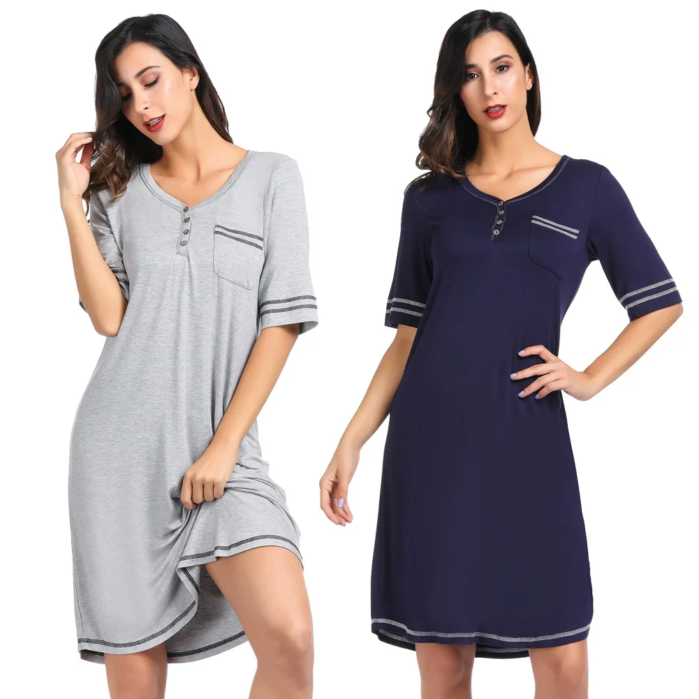 Zexxxy Women's Comfy Soft Short Sleeve Sleep Dress Stitching Stripe V-Neck Neckline Button Nightgown Leisure Home | Женская одежда