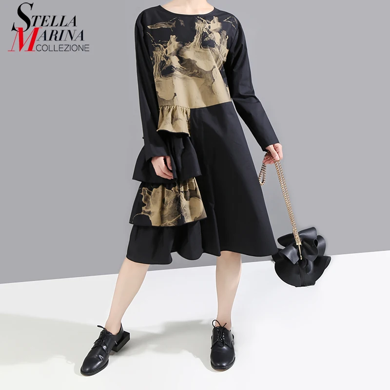 New Long Sleeve 2020 Autumn Black Painting Style Dress Printed Ruffles Round Neck Ladies Casual Wear Midi Retro Robe 6517 | Женская