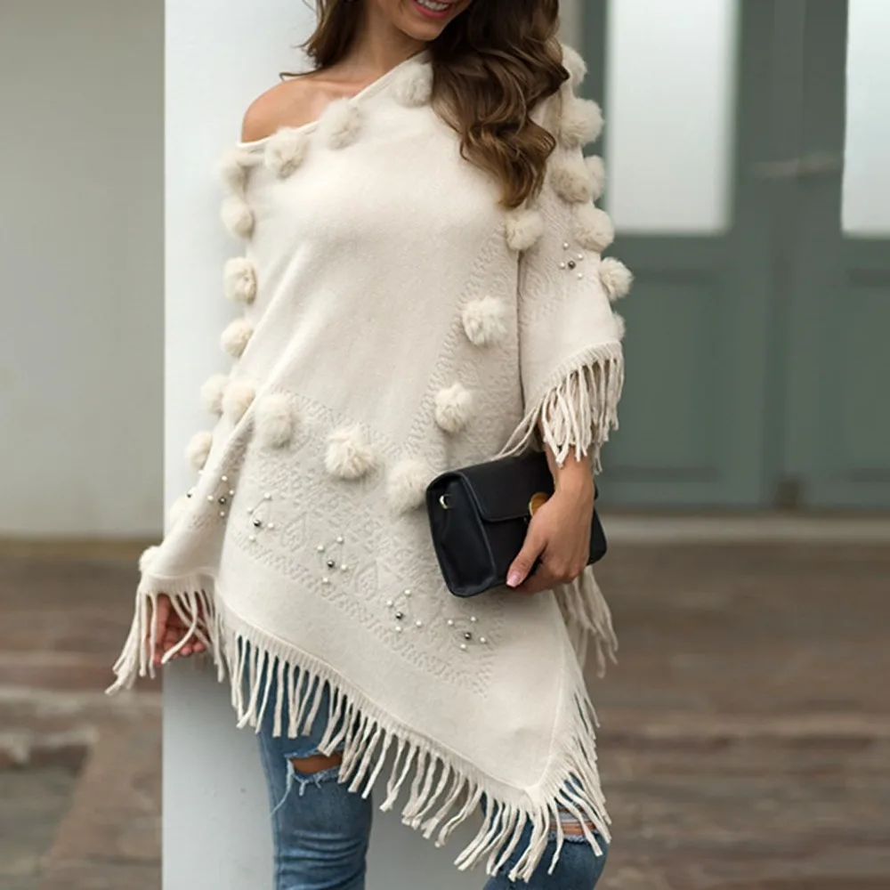 Осенний и зимний модный простой женский однотонный плащ с круглым вырезом и кисточками свободная шаль кардиган свитер пальто горячая распродажа
