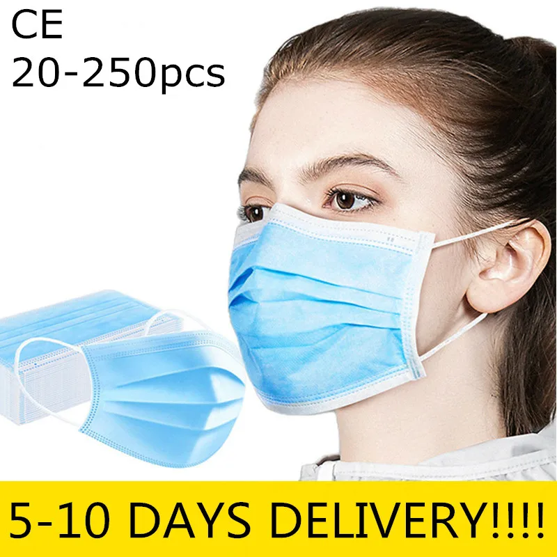 

Fast Shipping 100pcs Face Mouth Anti Virus Mask Disposable 3 Layers Filter Dustproof Earloop Non-Woven Mouth Masks