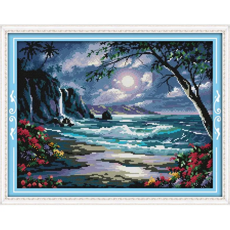 The Sea Under Moon DIY Cartoon Needlework Crafts 11CT14CT Printed Pattern Cross Stitch Kits on Canvas Embroidery Sets Decor | Дом и сад