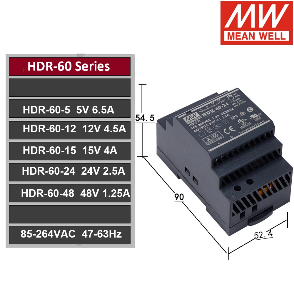 

MEAN WELL HDR-60 85-264VAC To DC 5V 12V 15V 24V 48V Meanwell Single Output DIN Rail Power Supply HDR-60-5 HDR-60-24 HDR-60-12