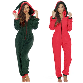 

Women Winter Christmas Clown Oversized Hooded Long Sleeve Zipper Plush Jumpsuits Female Homewear Solid Romper Overalls Pajamas