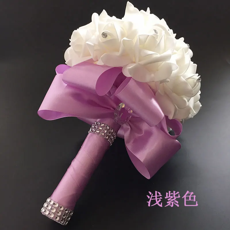 Ручной Работы Красивый сиреневый свадебный цветок Свадебный букет Искусственный цветок «Роза» лента хрустальные букеты de noiva - Цвет: Light purple