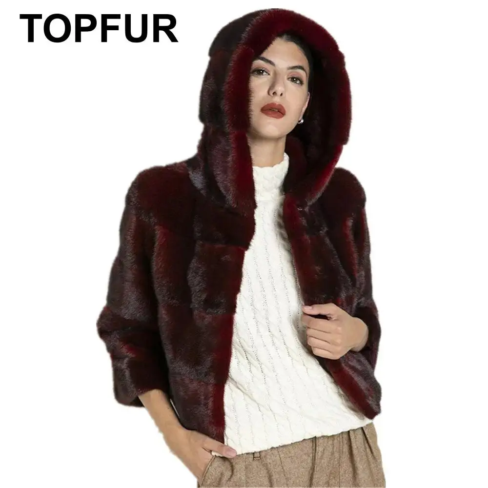 Новинка Женское пальто TOPFUR из натурального меха винно-красное с капюшоном