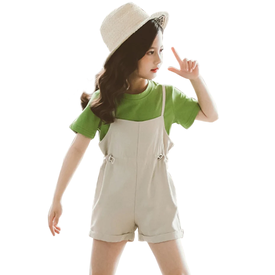 Kids Summer Clothes Tshirt + Jumpsuit 2PCS Teenage Girls Clothing Solid