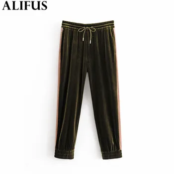 

Fashion Za Women 2019 Autumn Casual velvet pants side stripe patchwork drawstring Elastic Waist Trousers Female Pantalones