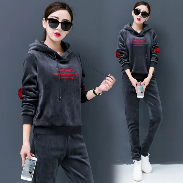 Women Outfits Velvet Warm 2 Two Piece Set Tracksuit Trousers Track