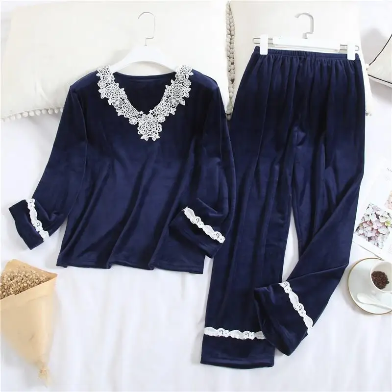 Autumn Winter Women Pyjamas Sets Warm Coral Flannel Nightgown Female Patchwork Lace Sleepwear Suit
