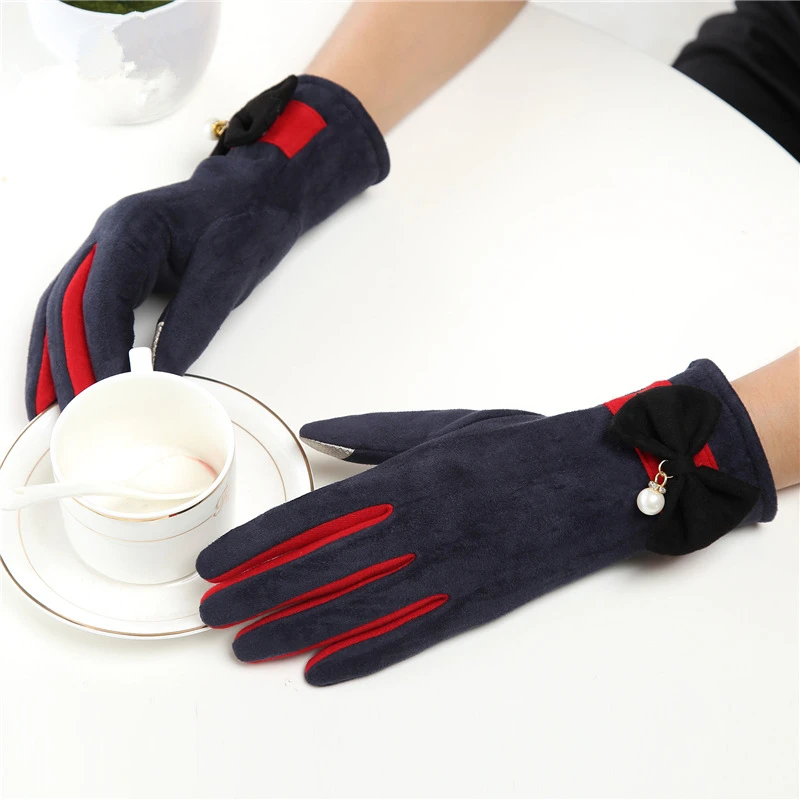 Новые зимние тканевые перчатки с большим бантом женские милые бархатные рукавички с жемчугом Женские ветрозащитные уличные Верховые