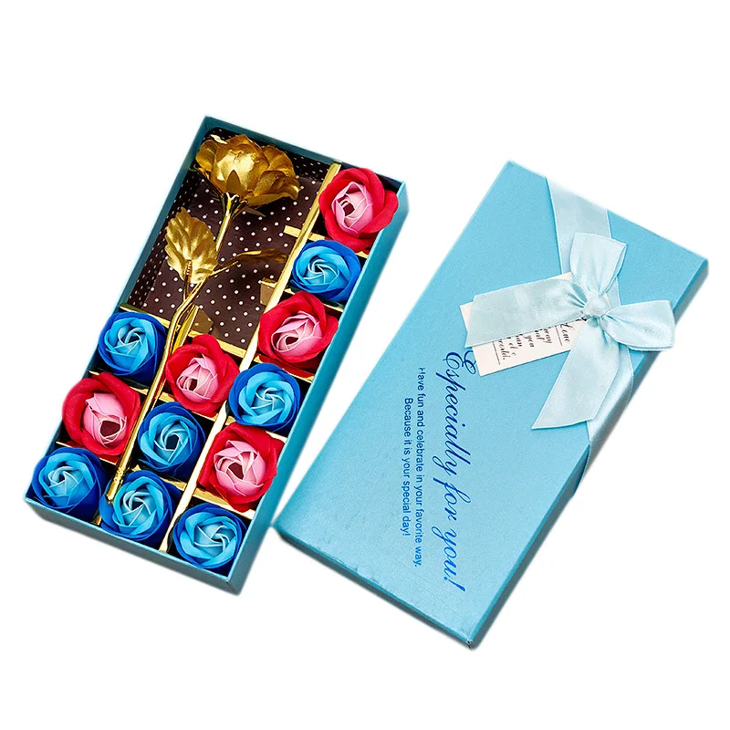 

Valentine'S Day Gift 24K Gold Plated Rose Flower+12Pcs Soap Flower Romantic For Lover Girl Friend Christmas Gifts Blue Promotion