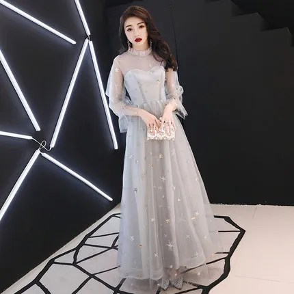 Это Yiiya платье для выпускного вечера с рукавом три четверти длинное Vestidos De Gala размера плюс платье с вышивкой Женские вечерние платья LF205 - Цвет: gray High Collar