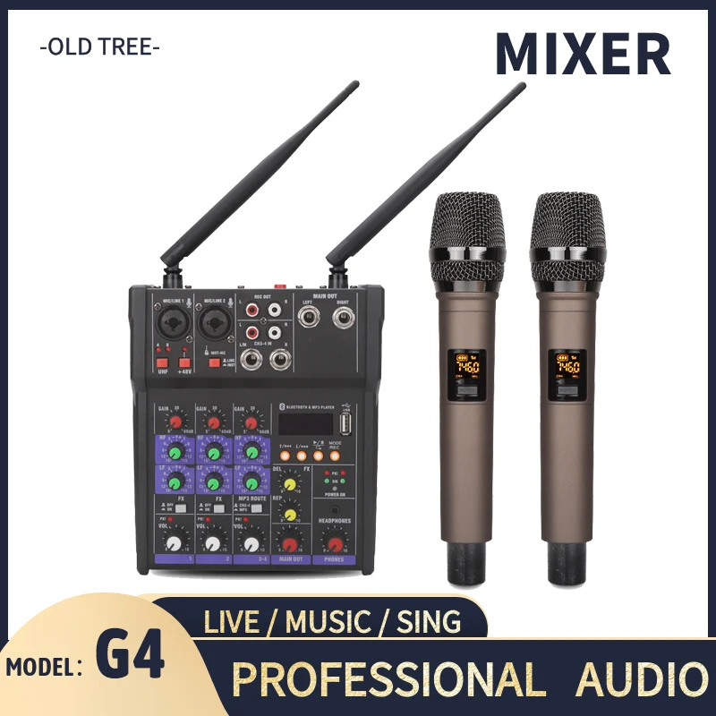 

G4 Audio Mixer Mixing DJ Console With Wireless Microphone SoundCard USB 48V Phantom Power For PC Recording Singing Webcast Party