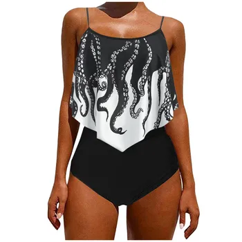 

Bathing suit women bikini Push-Up Halter Ruffles Padded Overlay Print Strappy Tankini Swimwear Bikini Set Maillot de bain femme
