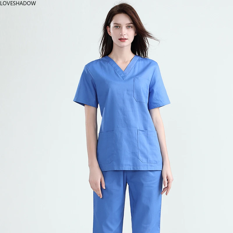 Женская медицинская форма, короткий рукав, скраб-топ, чистый путон, v-образный вырез, одежда для медсестер, сплошной цвет, рабочая одежда, боковое отверстие, доктор клиника