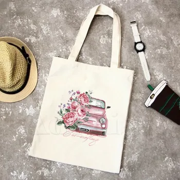 

Funny Flower Car Women Female Foldable Canvas Shoulder Bag Canvas Tote Eco Shopping Bag Canvas Tote Bag Casual HandBag Daily Use