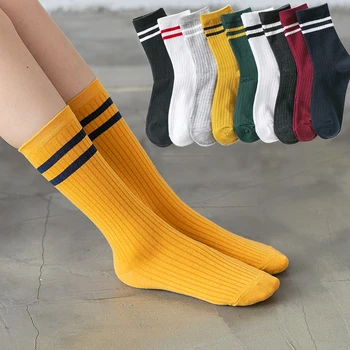 

New Japanese Two Bars Cotton Socks Women Black white Yellow green Funny Harajuku Girls Cute Socks High Quality Fashion Socks