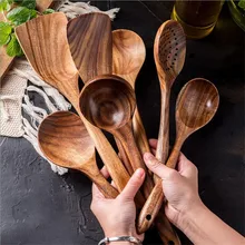 1Pc Teak Natural Wood Tableware Spoon Ladle Turner Rice Colander Soup Skimmer Cook Spoon Reusable Tool Kitchen Cutlery Set