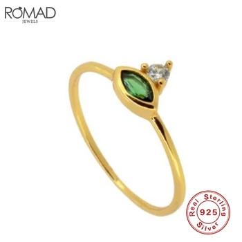 

ROMAD 925 Sterling Silver Thin Finger Rings for Women Dainty Green Stone Ring Gold Color Cubic Zirconia Wedding Ring Jewelry R50