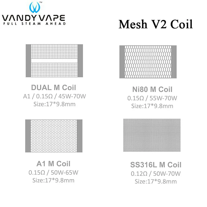 Оригинальная катушка Vandy Vape Mesh V2 10-50 шт. 0 15 Ом 12 A1/ Ni80/ Dual/SS316L сетчатая для