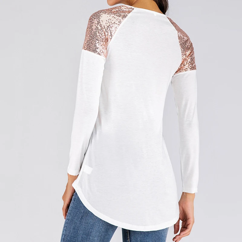 Модная Осенняя футболка для женщин топ с блестками круглый вырез Blusa длинным рукавом Женские топы женские футболки WS5024V