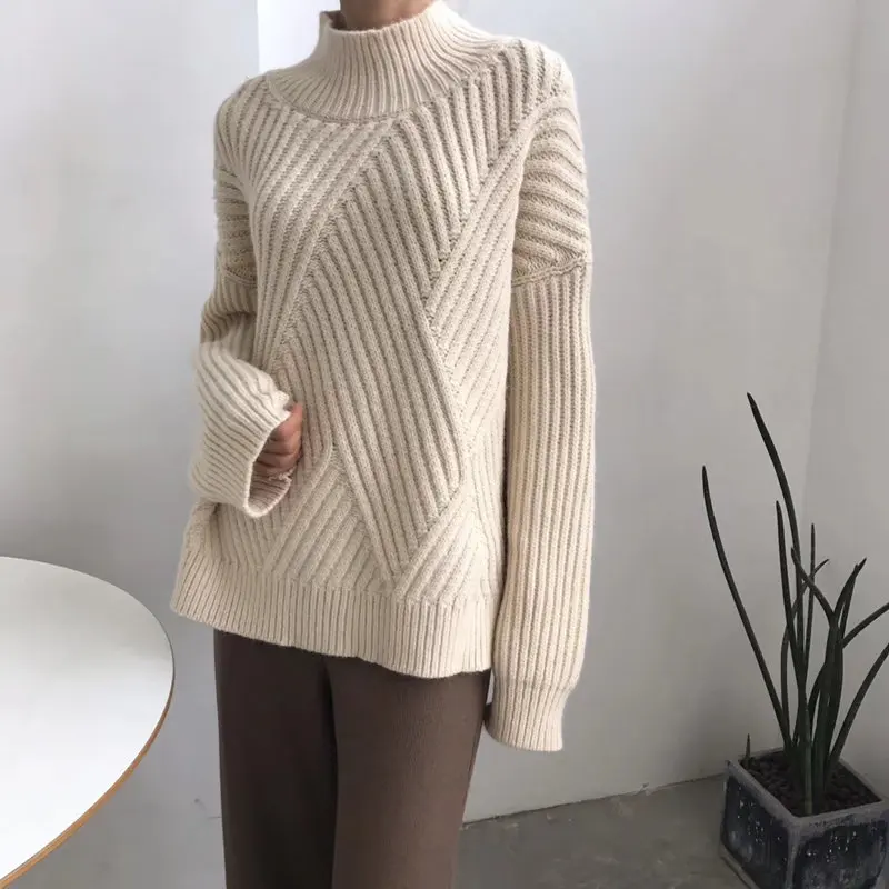 

HziriP Gentle Chic Turtleneck Warm Stylish Winter Soft Thick Irregular-Texture High Quality Women Knitted All-Match Sweaters