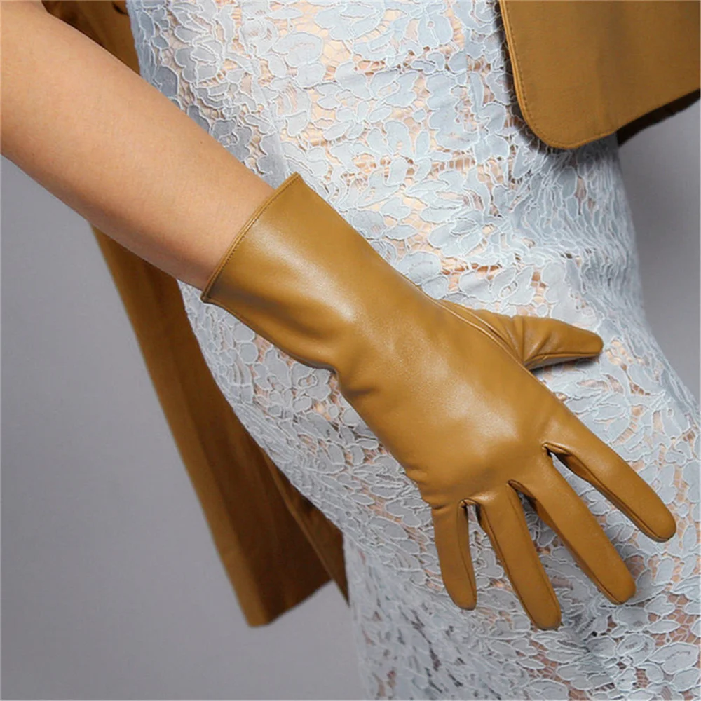 

28cm Short Leather Gloves Simulation Leather Imitation Sheepskin Imitation Leather Female Models Camel Color 3-PUTS28