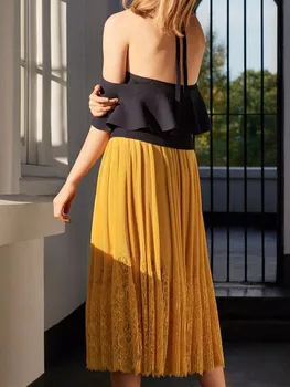 

Yellow Women Pleated Midi Skirt 2020 Spring Summer High Waist Lace Patchwork Female Long Skirts Clothes