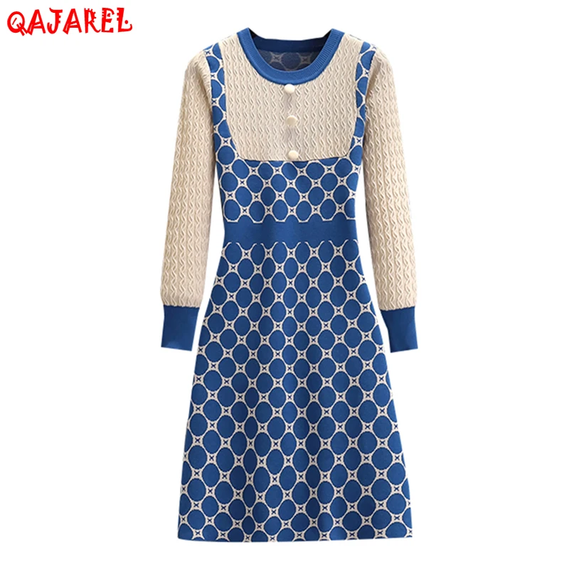 

Autumn Winter Knitted Cotton Patchwork Midi Dress Women Blue Polka Dot Korean Bodycon Robe 2023 Elegant Casual Office Lady Dress
