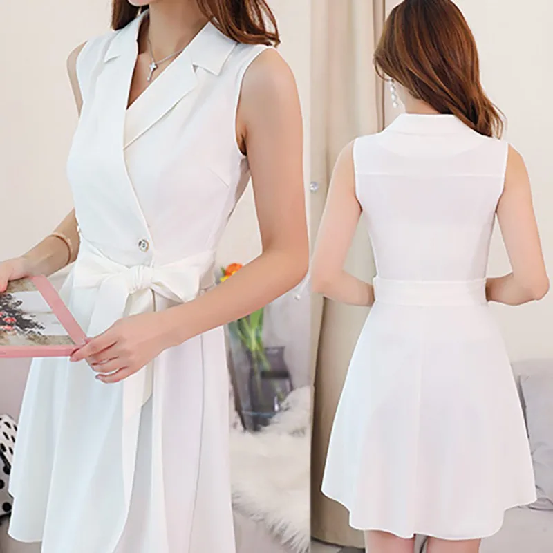 

2019 Women Summer Solid Casual Mini V Neck Sleeveless Office Lady A-Line Bow Vest Dresses