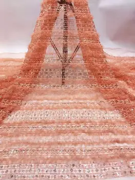 

Wholesale French fringed lace fabric with feather high quality handmade African glitter sequined fabric for royal wedding dress