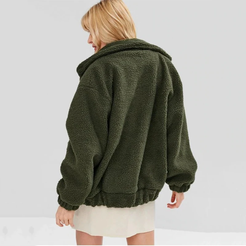 buy Women Loose Casual Plush Coat Solid Color Zip Pocket Jacket Female Short Lapels Warm Jacket Female