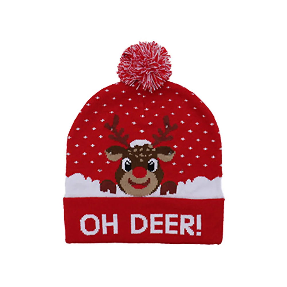 Light Up Christmas Hats Soft Knitted Hat with LED Light Santa Snowman Reindeer Christmas Hat Adult Kids Xmas Party Cap Christmas