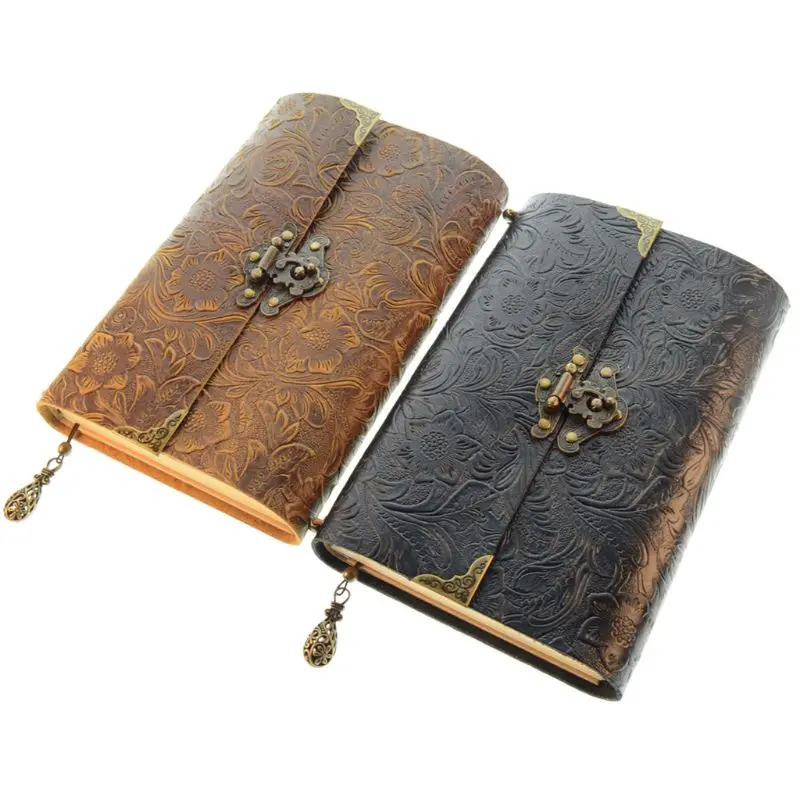 

Embossed Pattern Soft Leather Travel Notebook with lock Key Diary Notepad Kraft