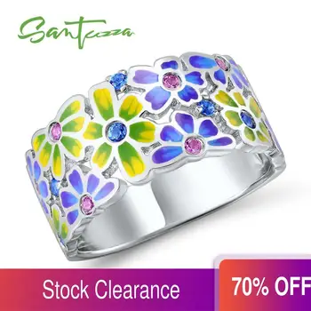 

SANTUZZA Flower Ring for Woman Colorful Transparency HANDMADE Enamel Flower Ring Party Fashion Jewelry