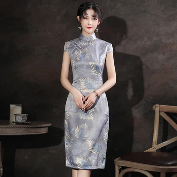 

Vintage Chinese Style Cheongsam Sexy Summer Women Knee Length Evening Qipao Elegant Slim Party Dress Lady Button Vestido M-3XL