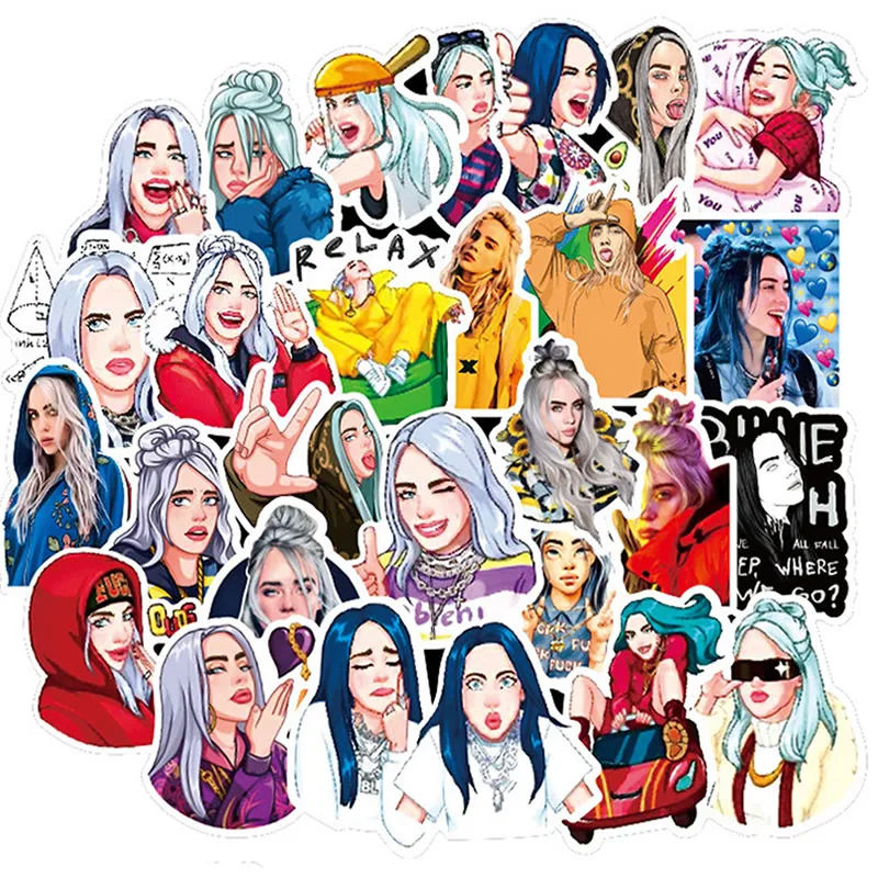 

10/30/50pcs Billie Eilish Cartoon Sticker Waterproof PVC Water Bottle Skateboard Guitar Snowboard Laptop Kids Toys Girl Stickers