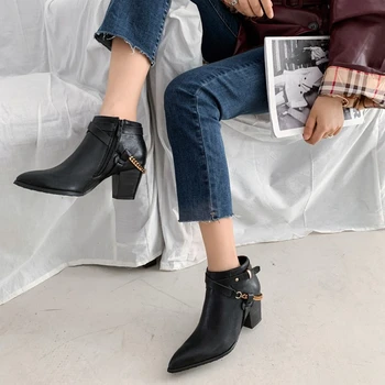 

NORBERG 2020 new winter warm short plush pointed toe chain Chelsea booties PU leather thick heel chain ankle boots for women