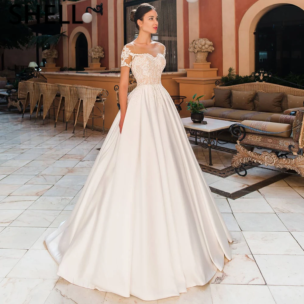 2022 Hot Sale Satin A-Line Appliques Sweetheart Wedding Dresses Off Shoulder Button Backless Floor Length Bridal Gowns | Свадьбы и