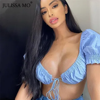 

JULISSA MO Summer Cute Puff Sleeve Tank Tops Sexy V-Neck Lace Up Women Crop Top Female Blue Streetwear Backless Vest Tops Tee