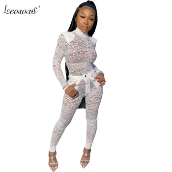 

Bodycon Sexy 2 Piece Set Women Party Club Outfits Sheer Mesh Floral Lace Two Piece Set Top And Pants Set Women Matching Sets