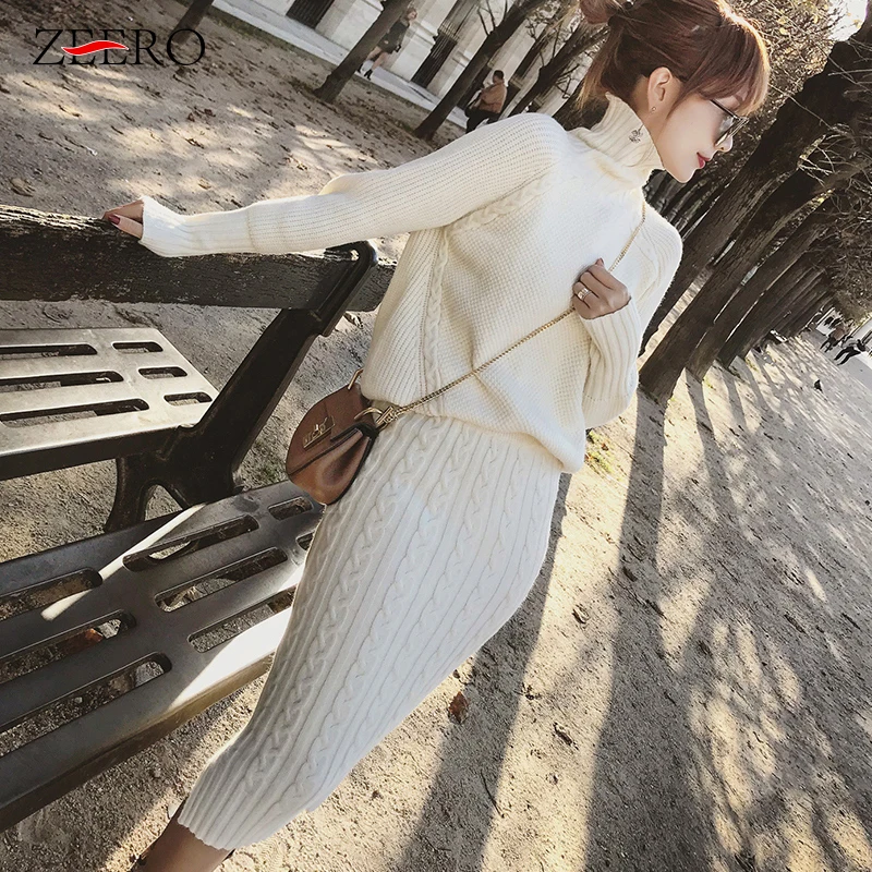 Twist Knitted 2 Piece Set Women Long Sleeve Turtleneck Pullover Sweater + Split Pencil Skirt Lady Runway Knitting Suit | Женская одежда