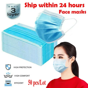 

50Pcs Disposable Face Mask Breathable Dust Proof Respirator Masks Cover 3 Layers Non-Woven Earloop Face Mouth Masks
