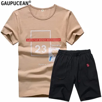 

Man T Shirt Set 95% Cotton 5% Spandex Summer White Brown Letters Round-Neck Short Sleeve Knee Length Men T-shirts Shorts Suit