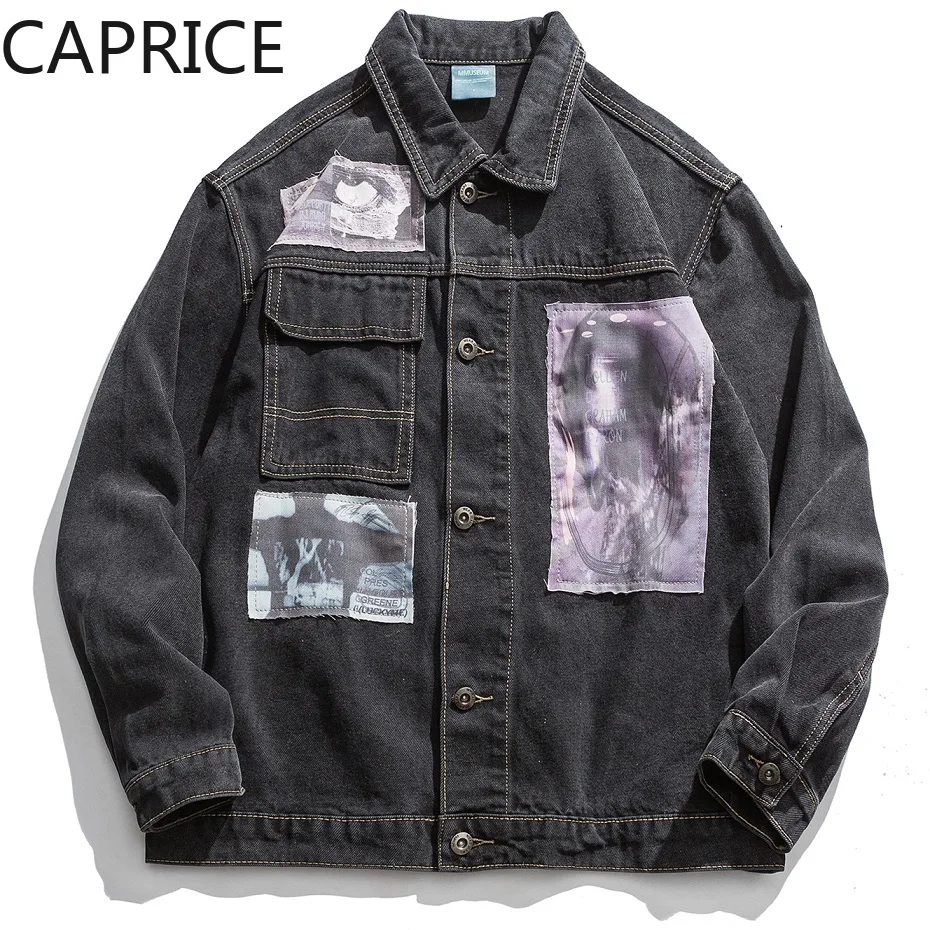 

Men's Hip Hop Streetwear Denim Jeans Jackets 2019 Spring Funny Patch Design Broken Hole Coats Fashion Outwear