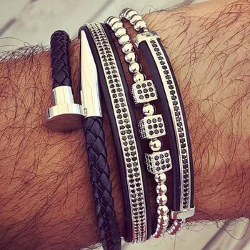 Luxury Men Bracelet Set Stainless Steel Nail Bangle CZ Pave Brass Adjustable Bracelet Bangle For Men